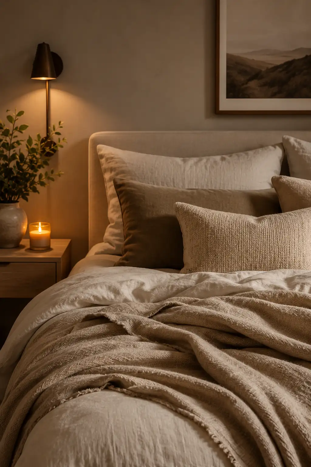 cozy bed with soft pillows and blankets