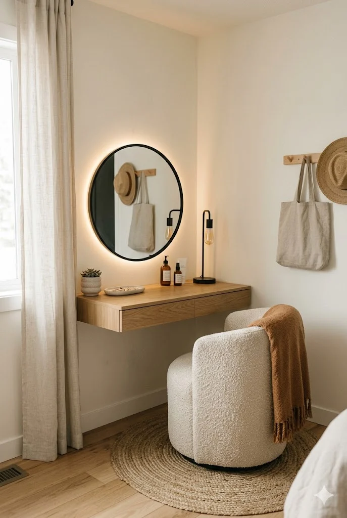 Small corner vanity setup in a modern bedroom