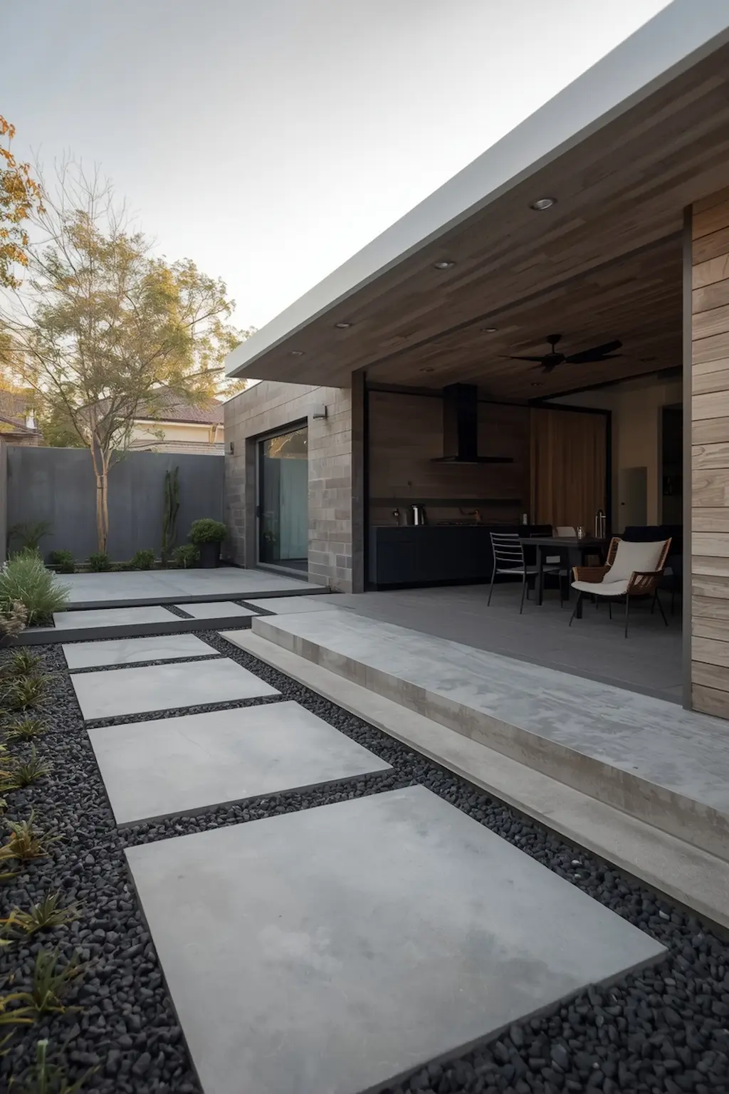 Modern backyard with concrete slab flooring and decorative gravel accents