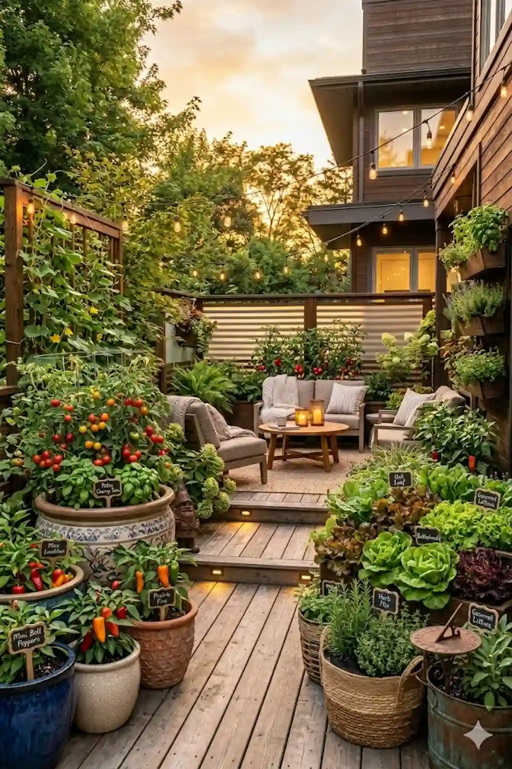 Stylish container vegetable garden on a modern patio