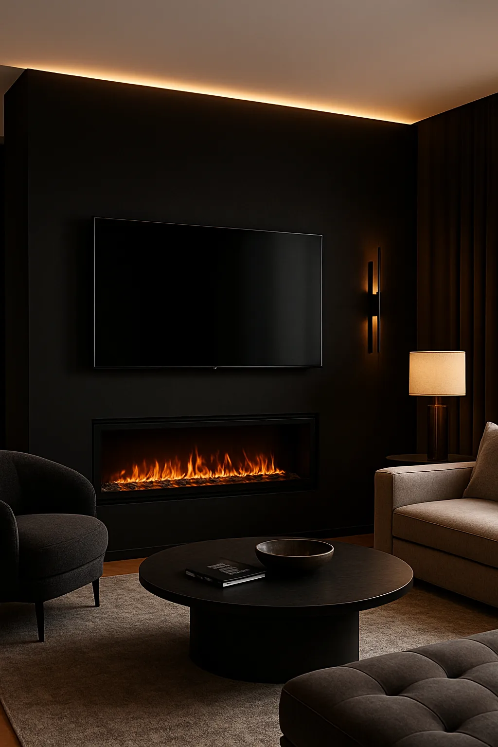 Black accent wall with electric fireplace and TV creating a dramatic modern focal point