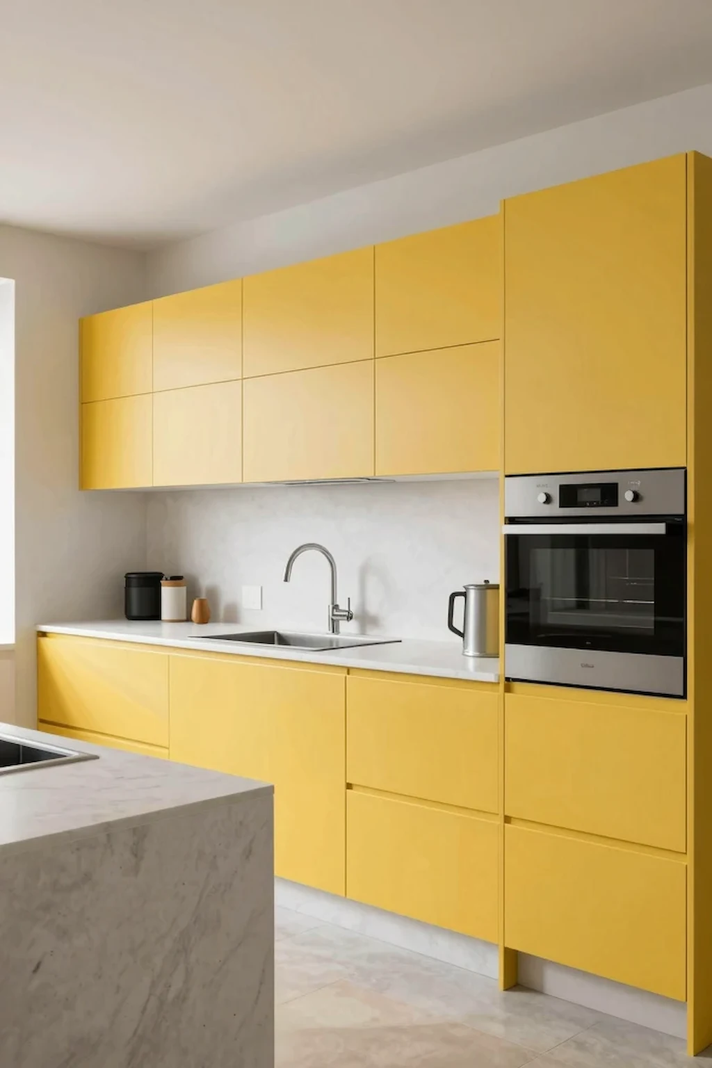 Modern flat-panel yellow kitchen cabinets with integrated appliances and minimalist styling