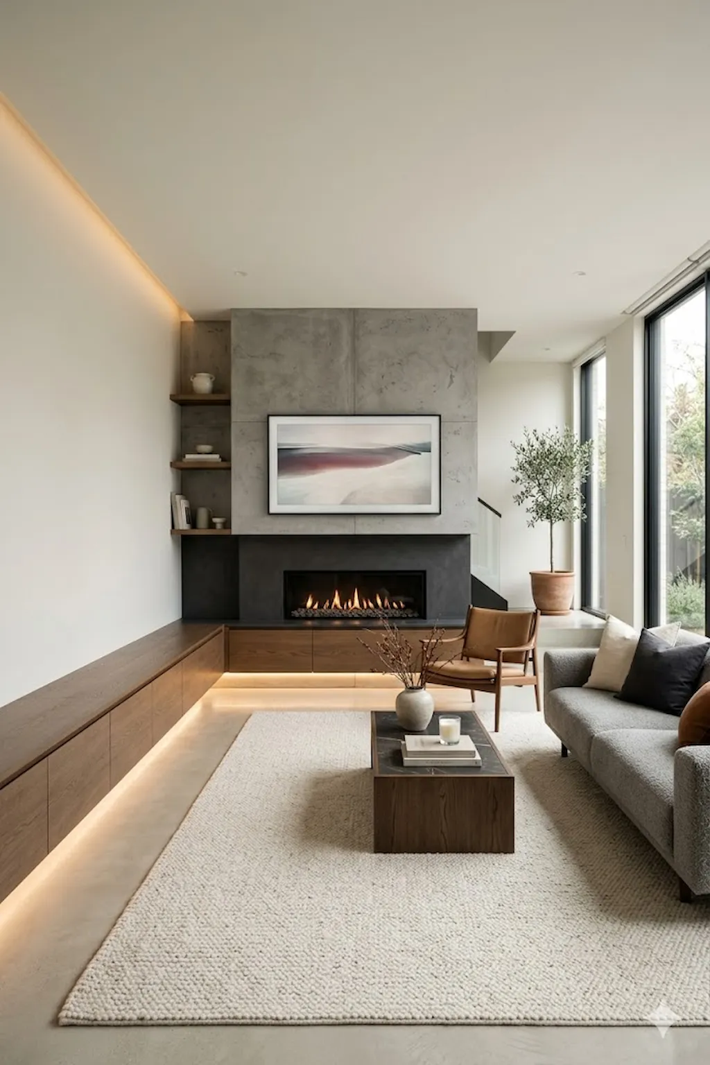 Modern floating fireplace wall with mounted television and minimalist cabinetry