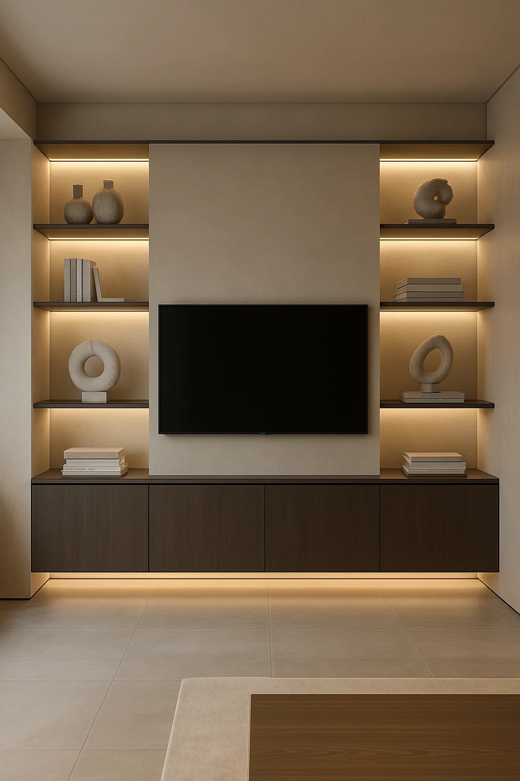 Modern TV wall with floating shelves and stylish display décor