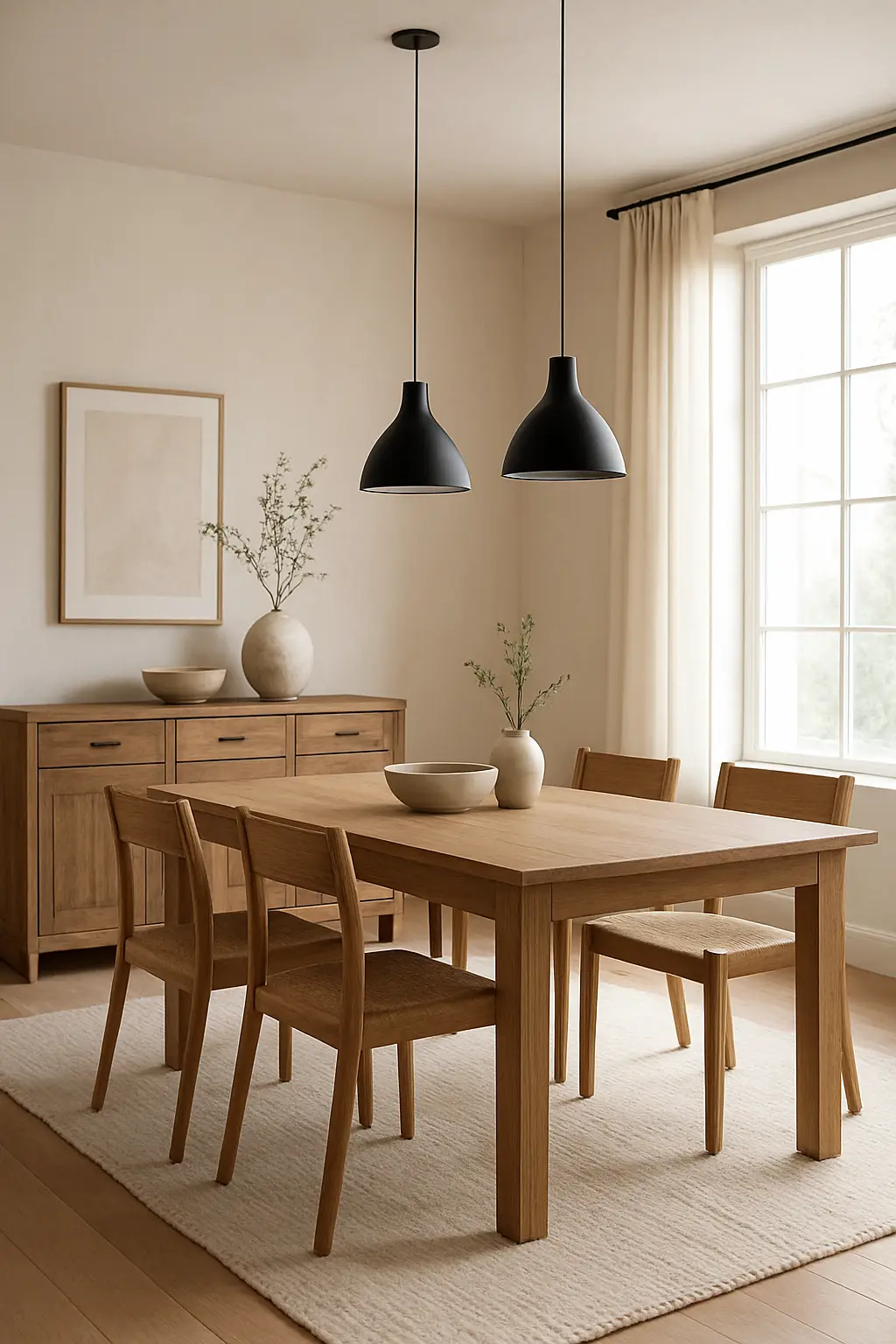 Contemporary rustic dining room with clean-lined furniture, modern lighting, and natural materials