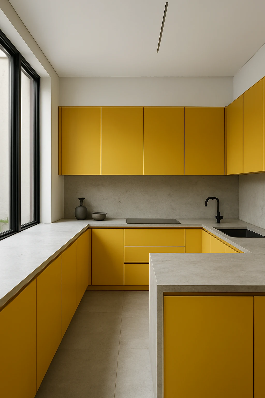 Bold contemporary kitchen with yellow cabinets as the focal design feature
