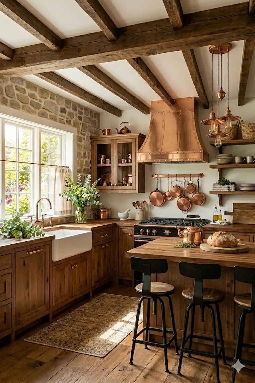 Rustic kitchen with copper cookware and accents