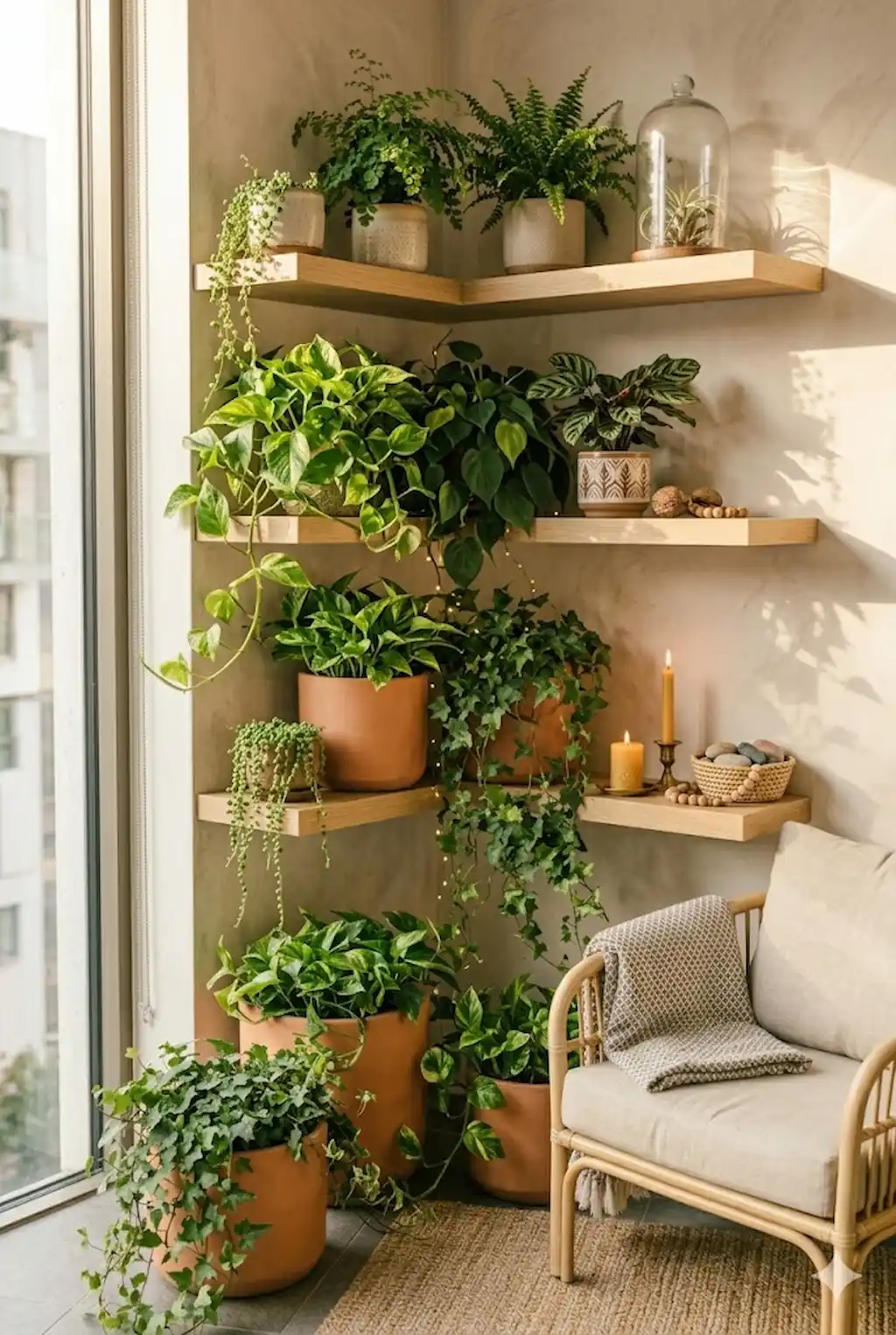 Cozy indoor corner shelf filled with layered plants and decor

Prompt: