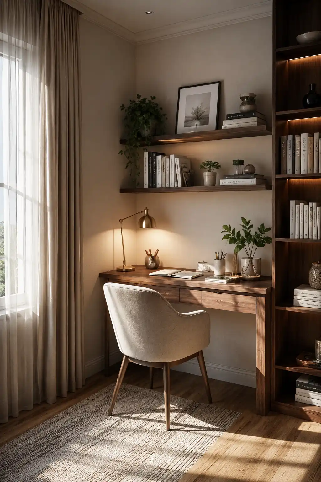Compact corner study nook with small desk, wall-mounted shelves, comfortable chair, and warm lighting in a modern apartment