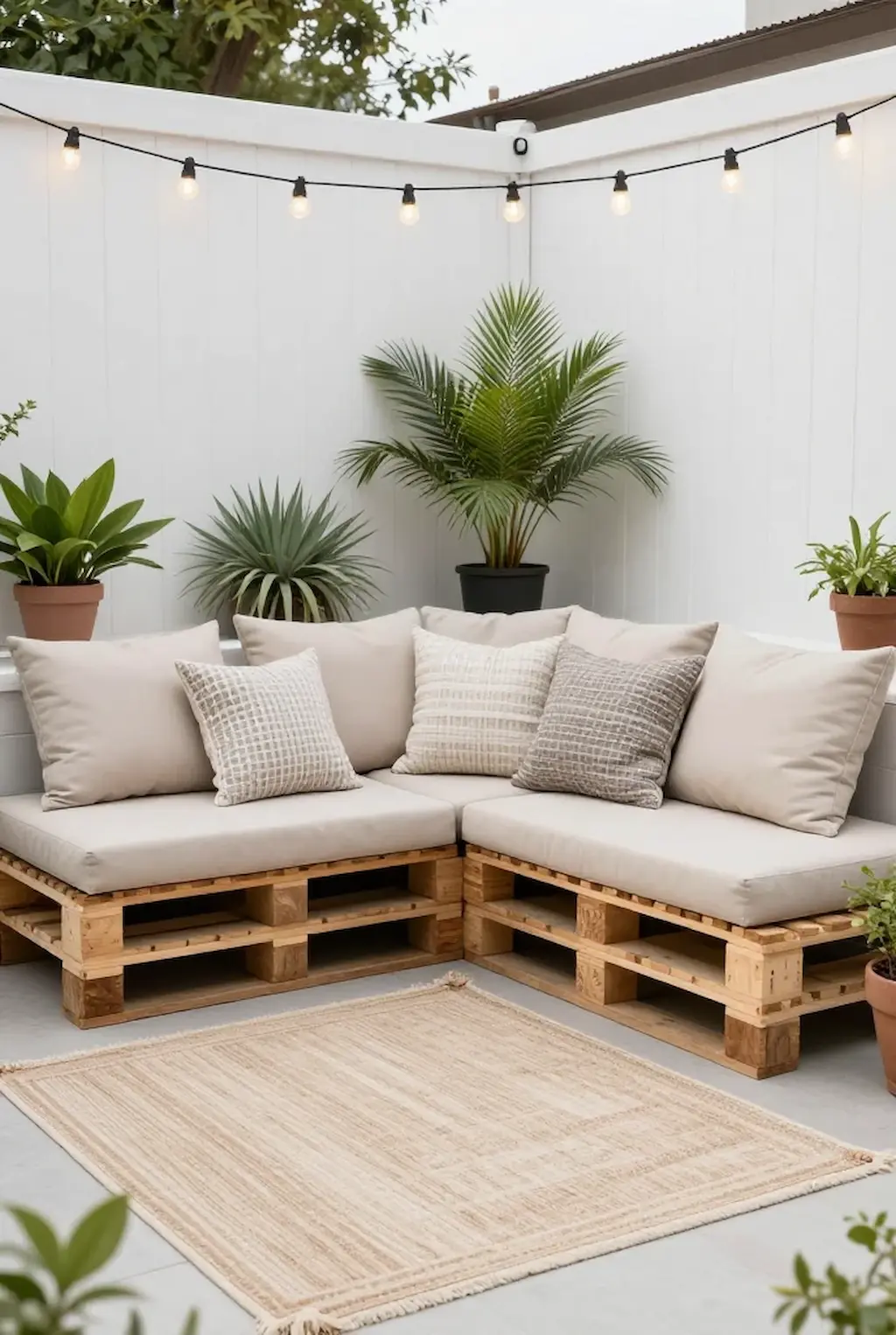 Corner pallet seating for small patio outdoor spaces.