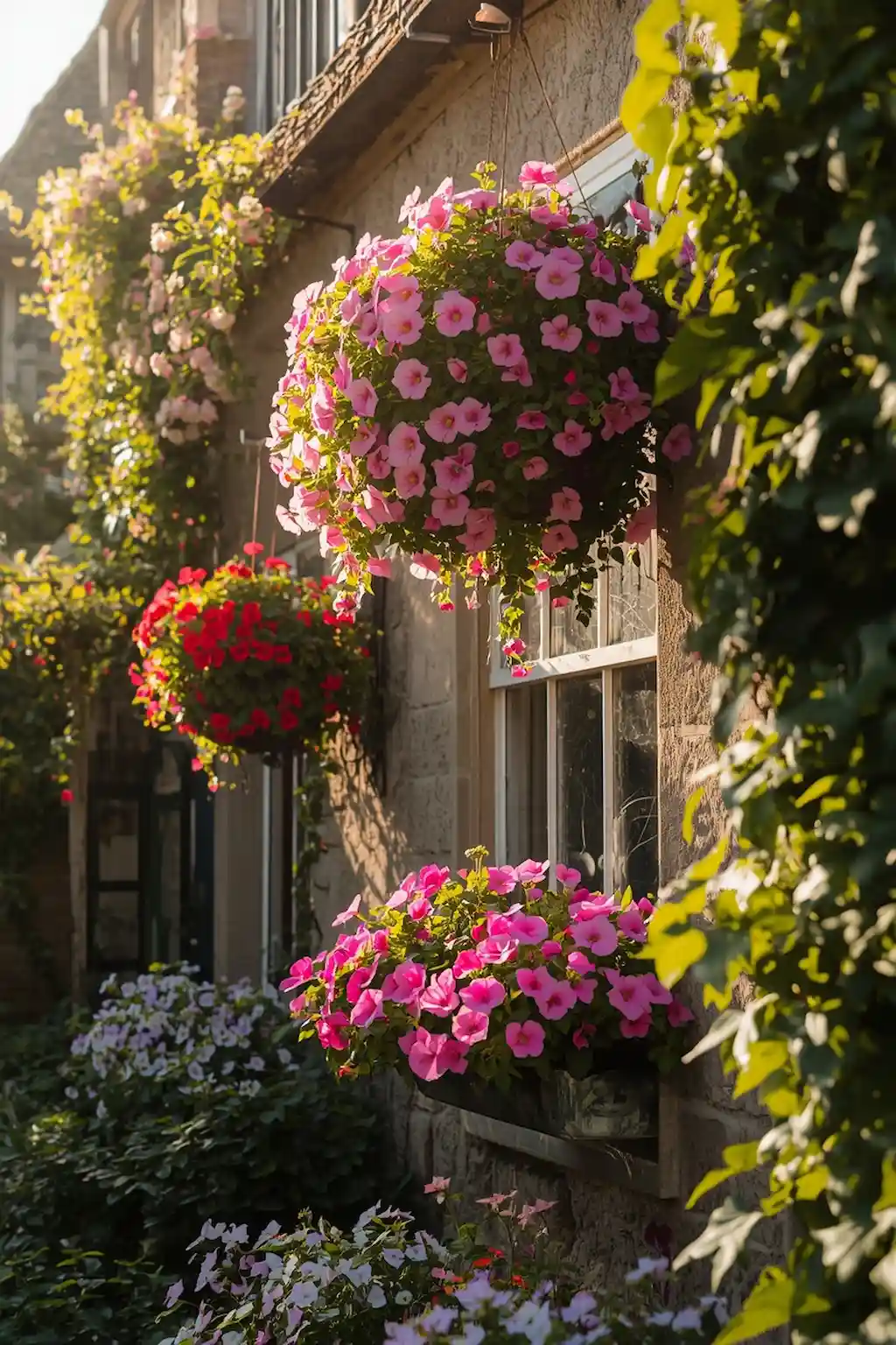 Window boxes and hanging baskets overflowing with flowers in a charming cottage garden.