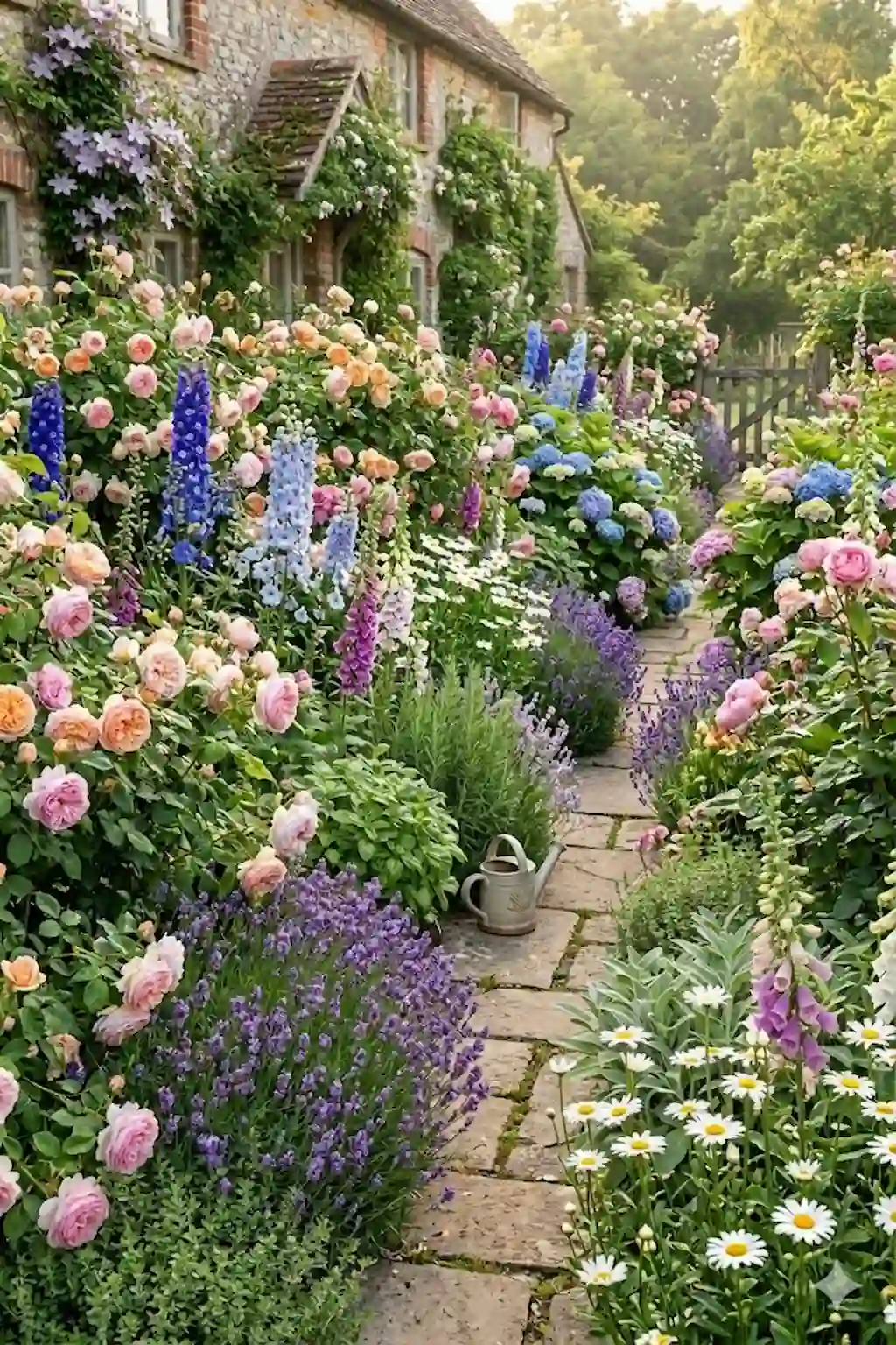 Cottage garden blending herbs and colorful flowers in a lush layered garden design.
