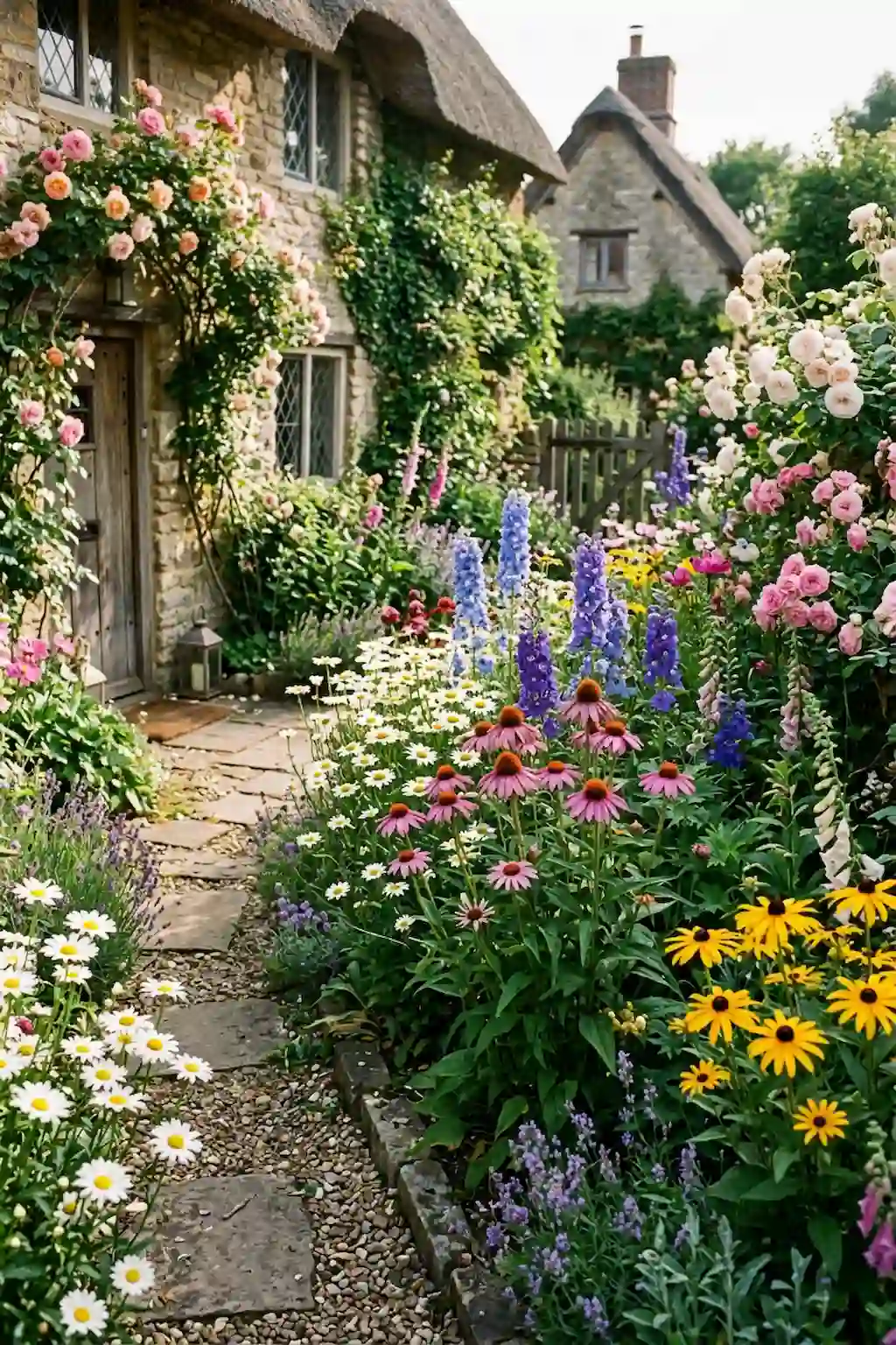 Colorful cottage garden flower bed with layered flowers and rustic charm