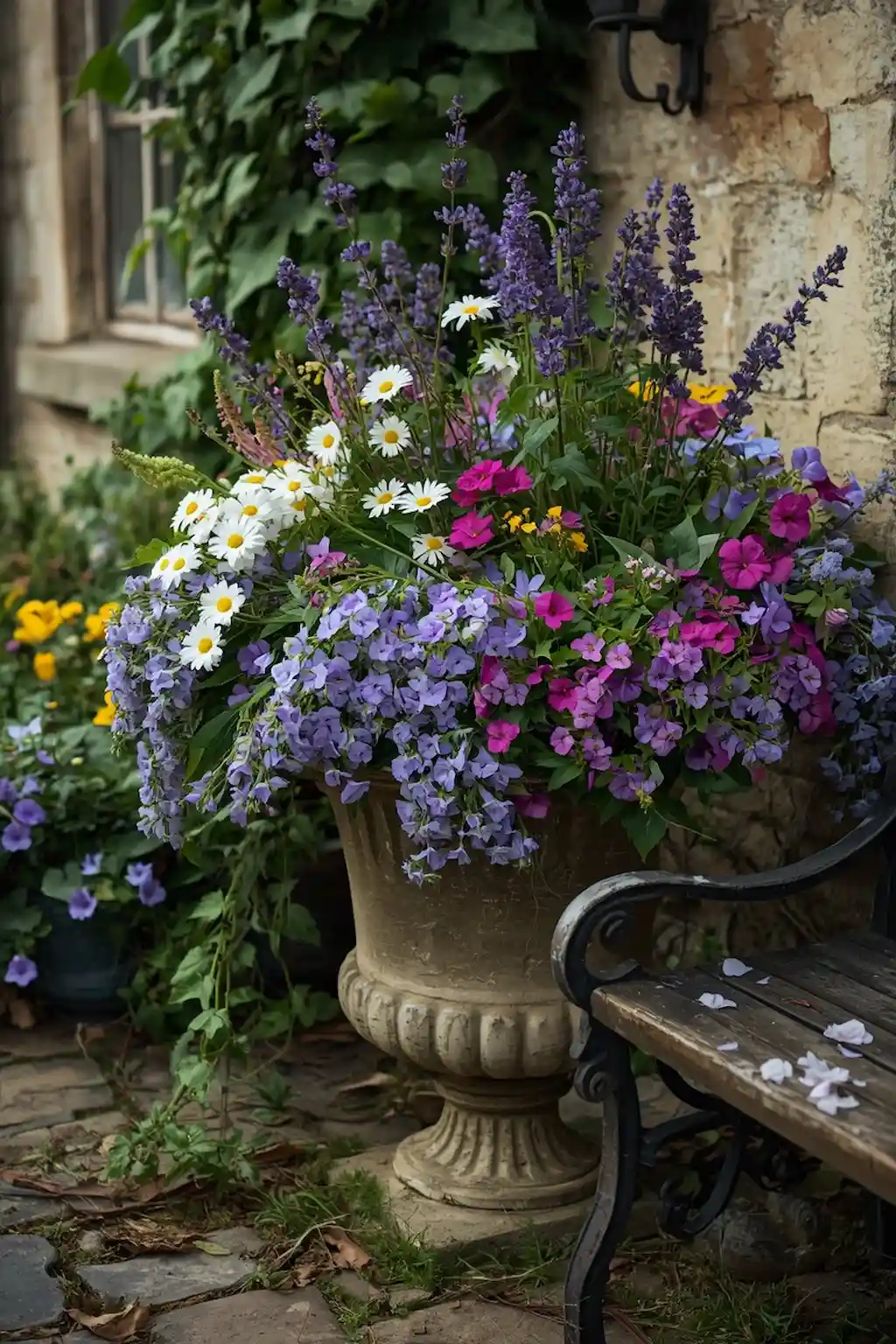Cottage-inspired spring flower arrangement with daisies and lavender