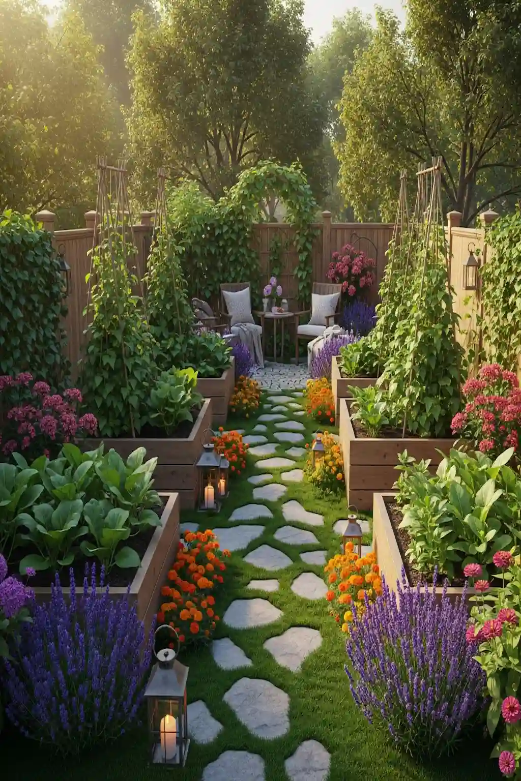 Romantic cottage-style vegetable garden with flowers and vegetables