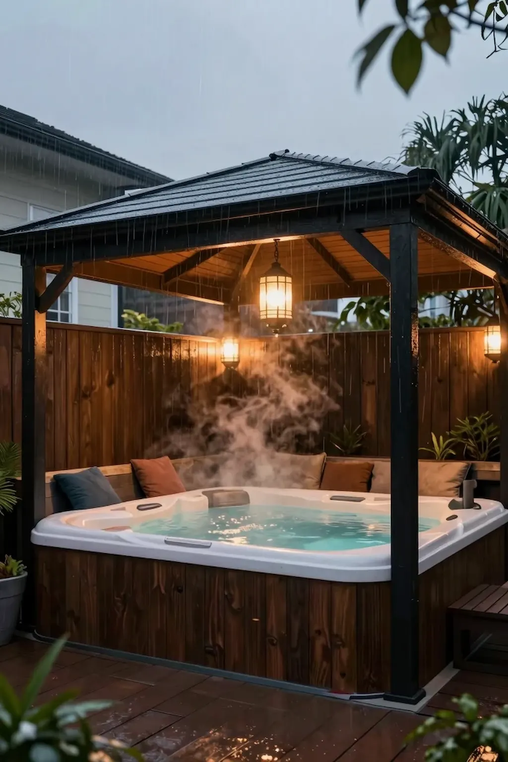 Covered backyard hot tub with cozy lighting during rainy weather