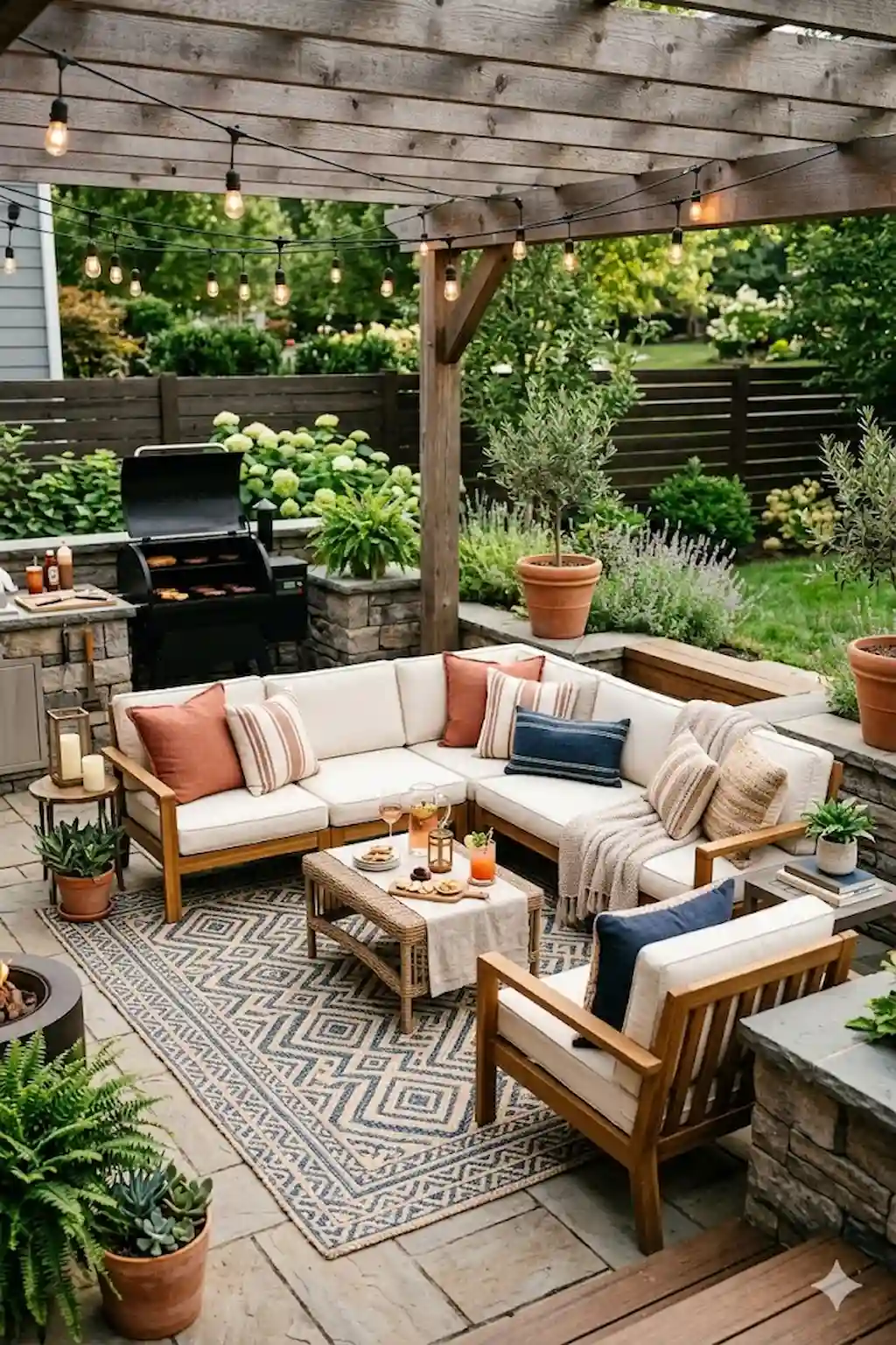 Outdoor seating area enhanced with decorative rugs and comfortable furnishings