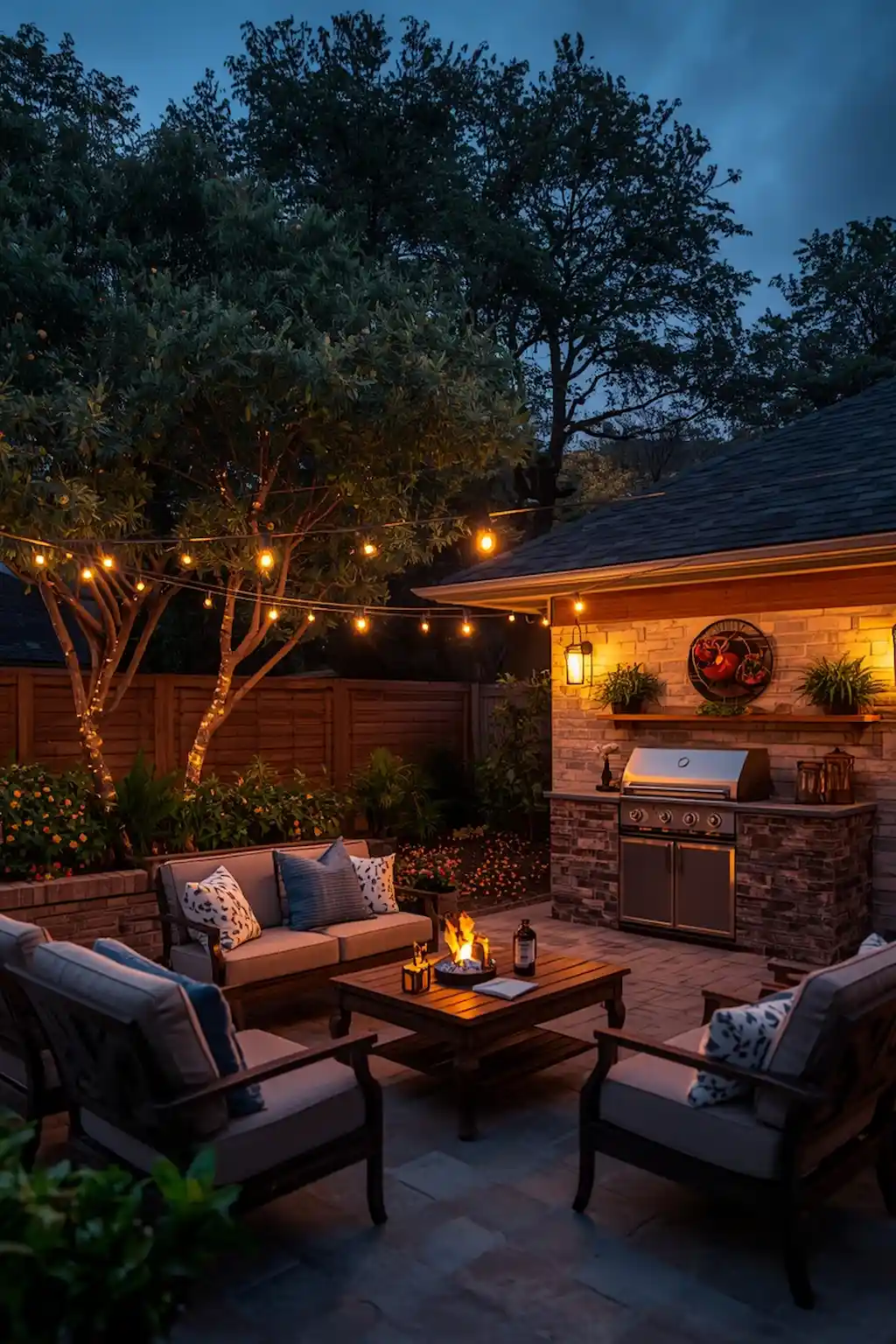 Outdoor BBQ area illuminated by warm string lights during the evening