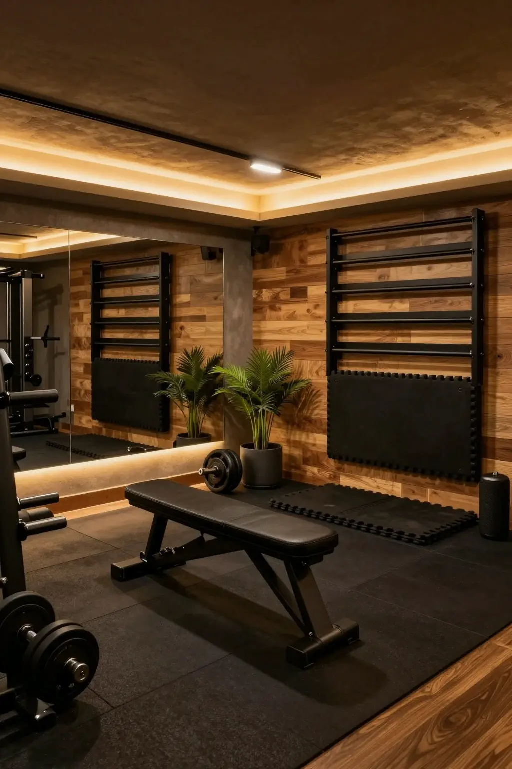 Cozy basement home gym with warm lighting, workout equipment, and industrial-style decor