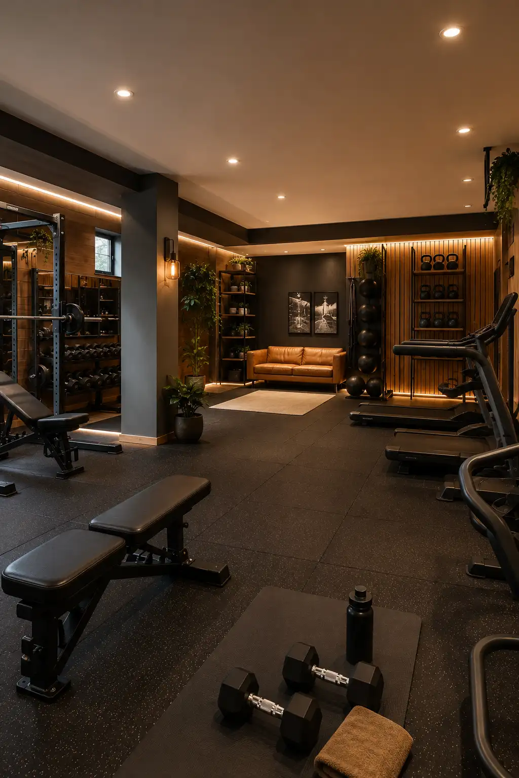 Cozy basement home gym with warm lighting and modern fitness equipment