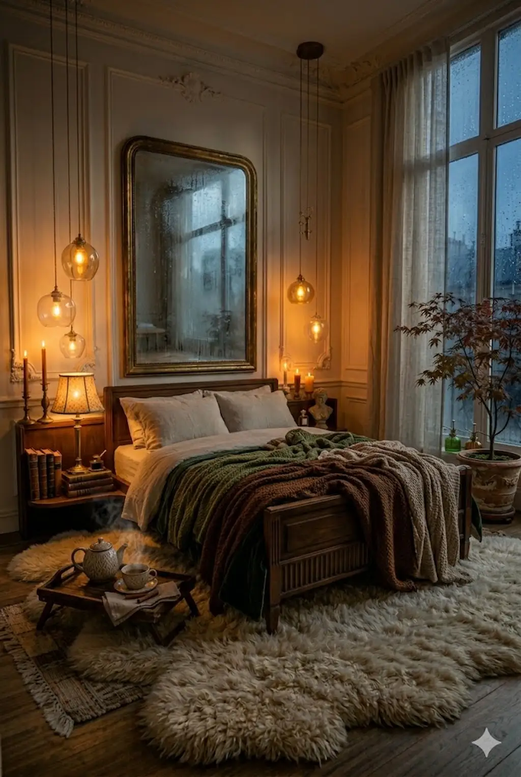 Relaxing cozy bedroom with candles, soft lighting, and warm decor
