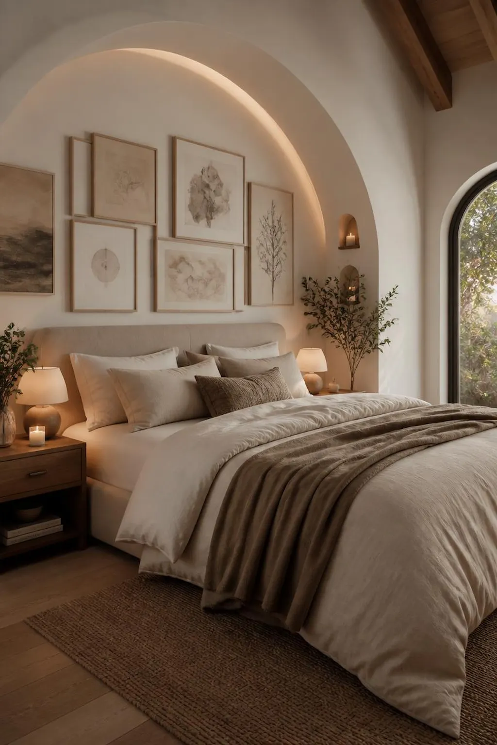 Cozy bedroom with neutral gallery wall above the bed