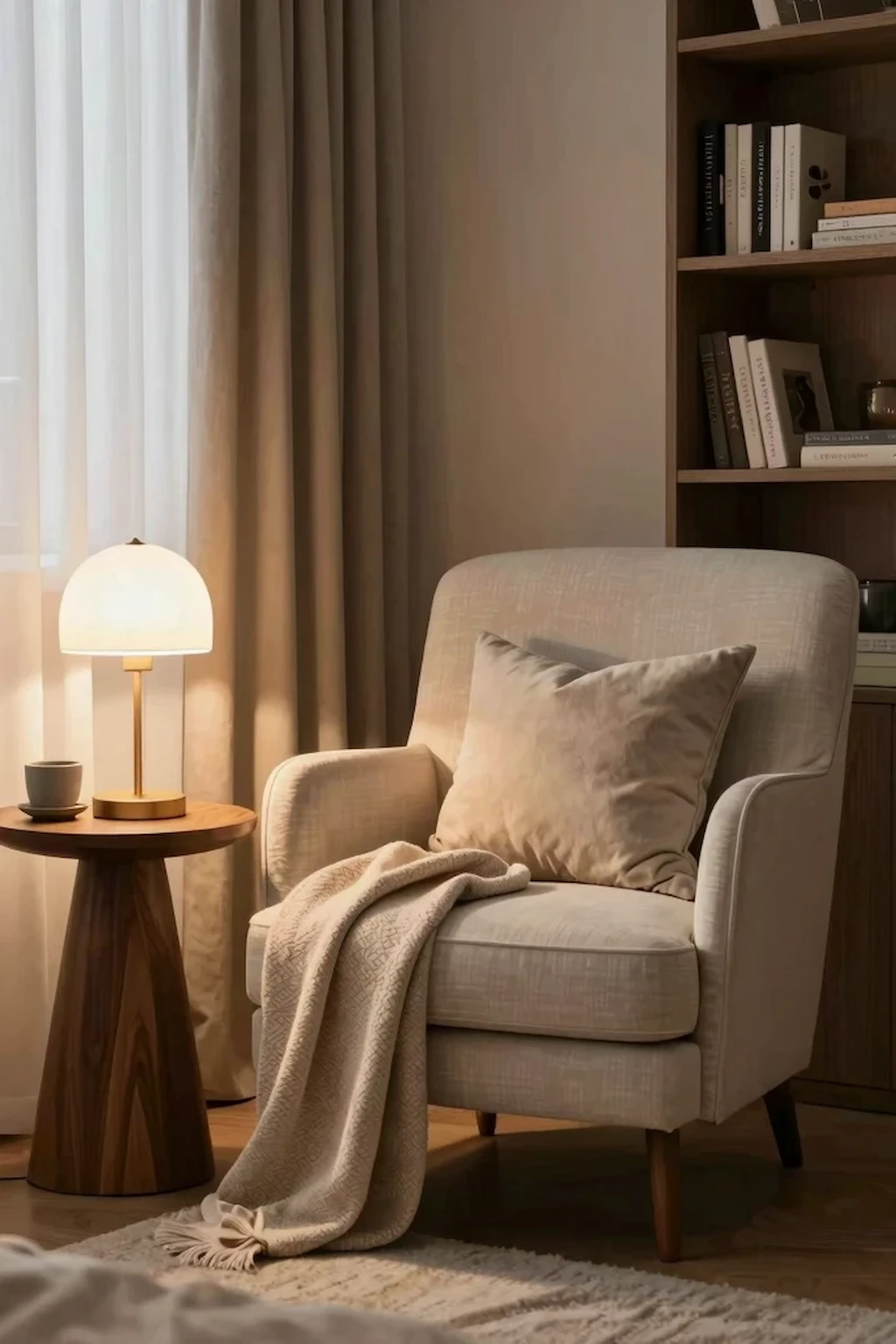 Cozy bedroom reading nook with a soft chair, warm lamp, and layered textures.