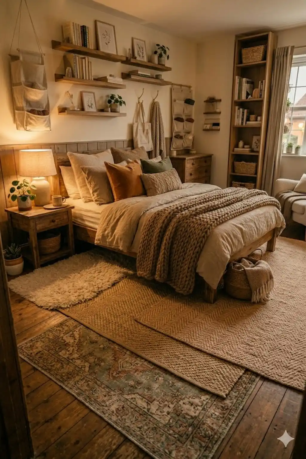 Cozy bedroom with layered rugs, warm lighting, and soft textured decor.