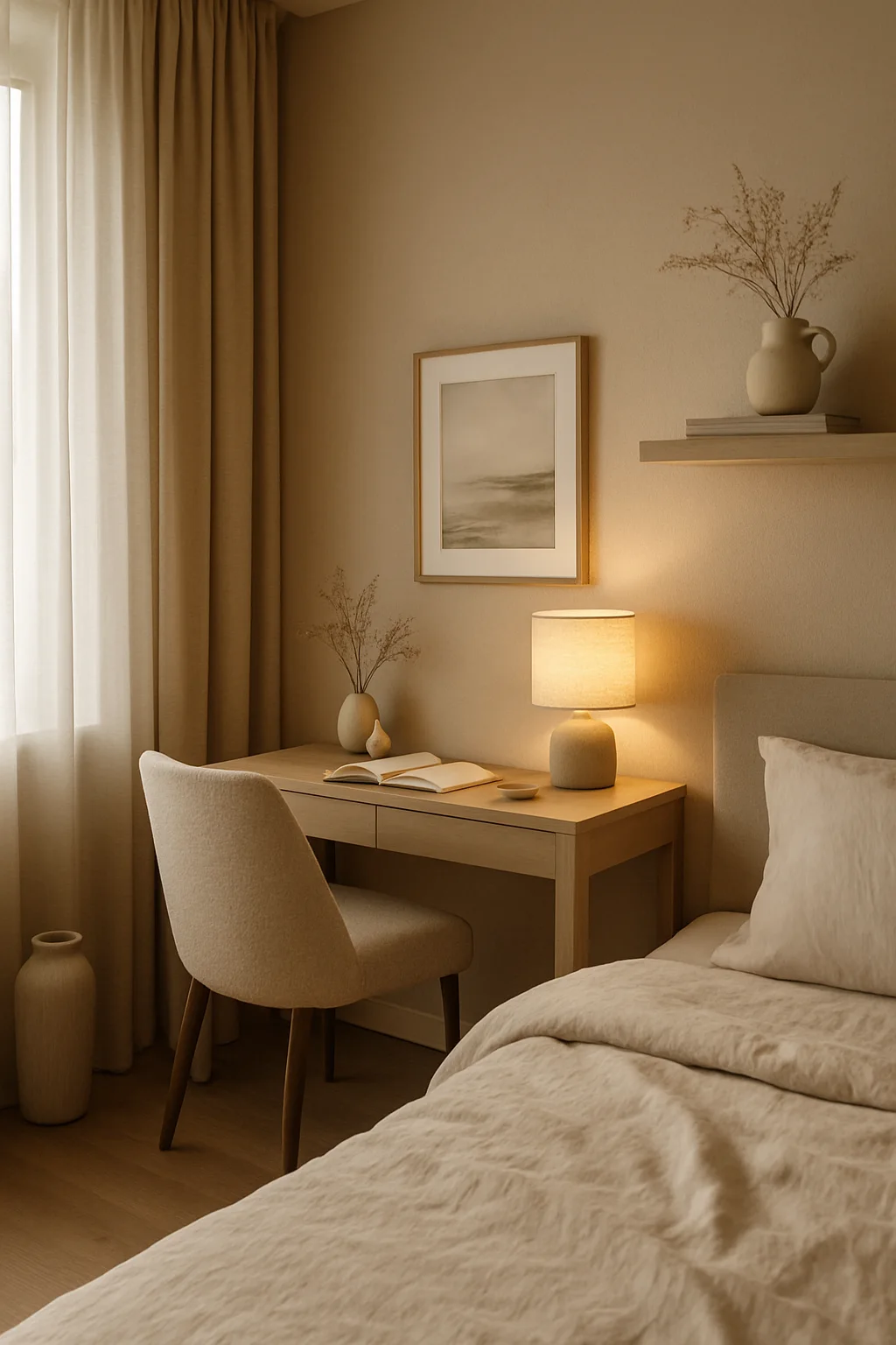 Small bedroom study corner with compact desk, warm lighting, and comfortable workspace setup