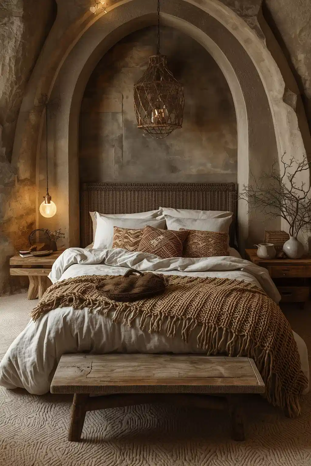 Cozy small bedroom with layered textures, knit blankets, and soft fabrics