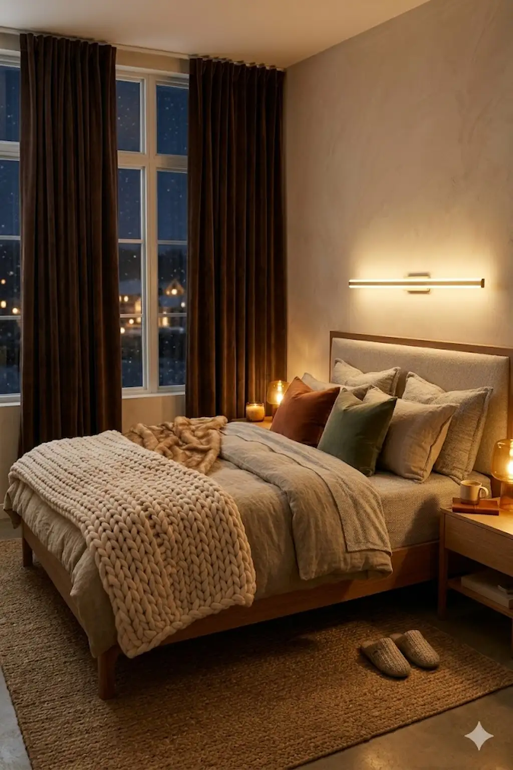 Warm cozy bedroom with floor-to-ceiling velvet curtains and layered bedding.