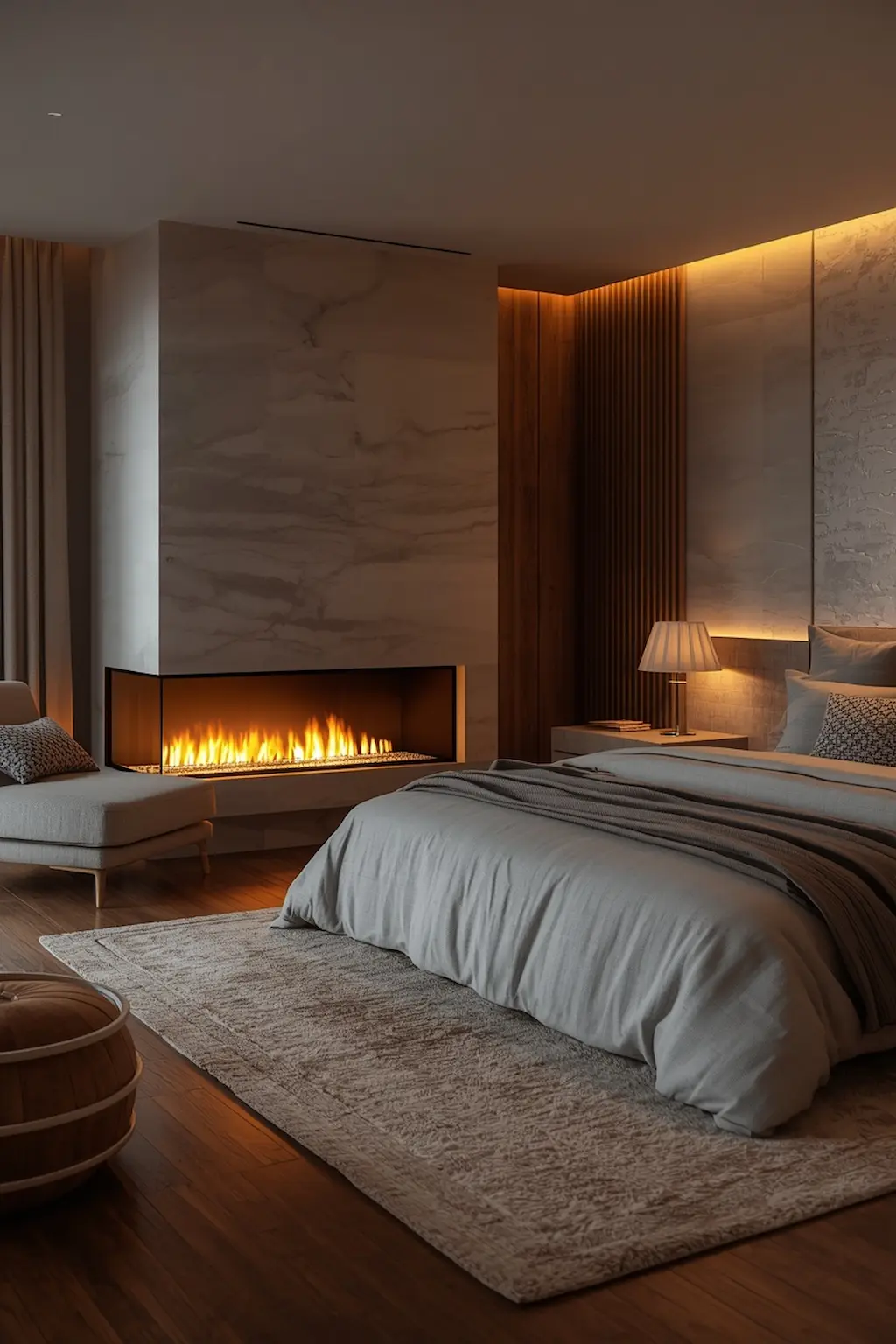 Warm cozy bedroom with a fireplace, layered bedding, and relaxing lighting.