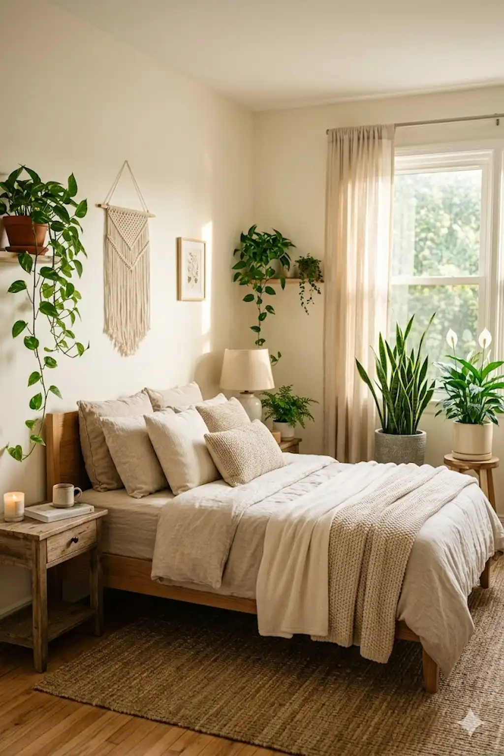Cozy bedroom with indoor plants, warm natural light, and soft textures.