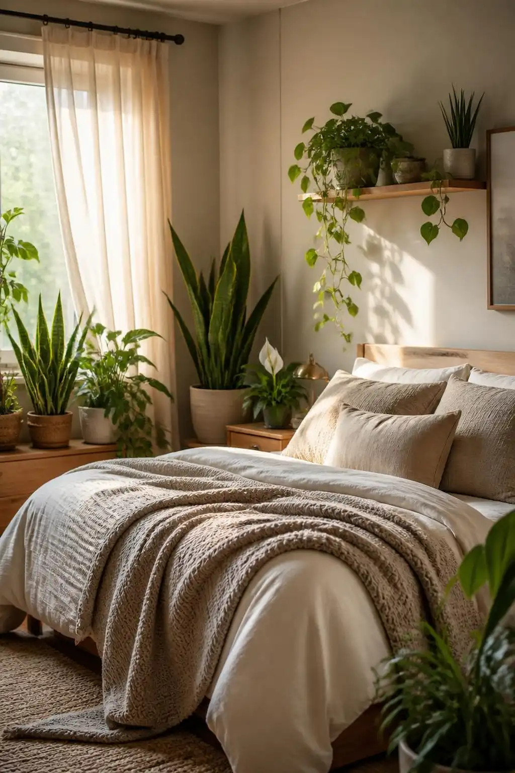 Cozy small bedroom decorated with indoor plants and warm natural decor.