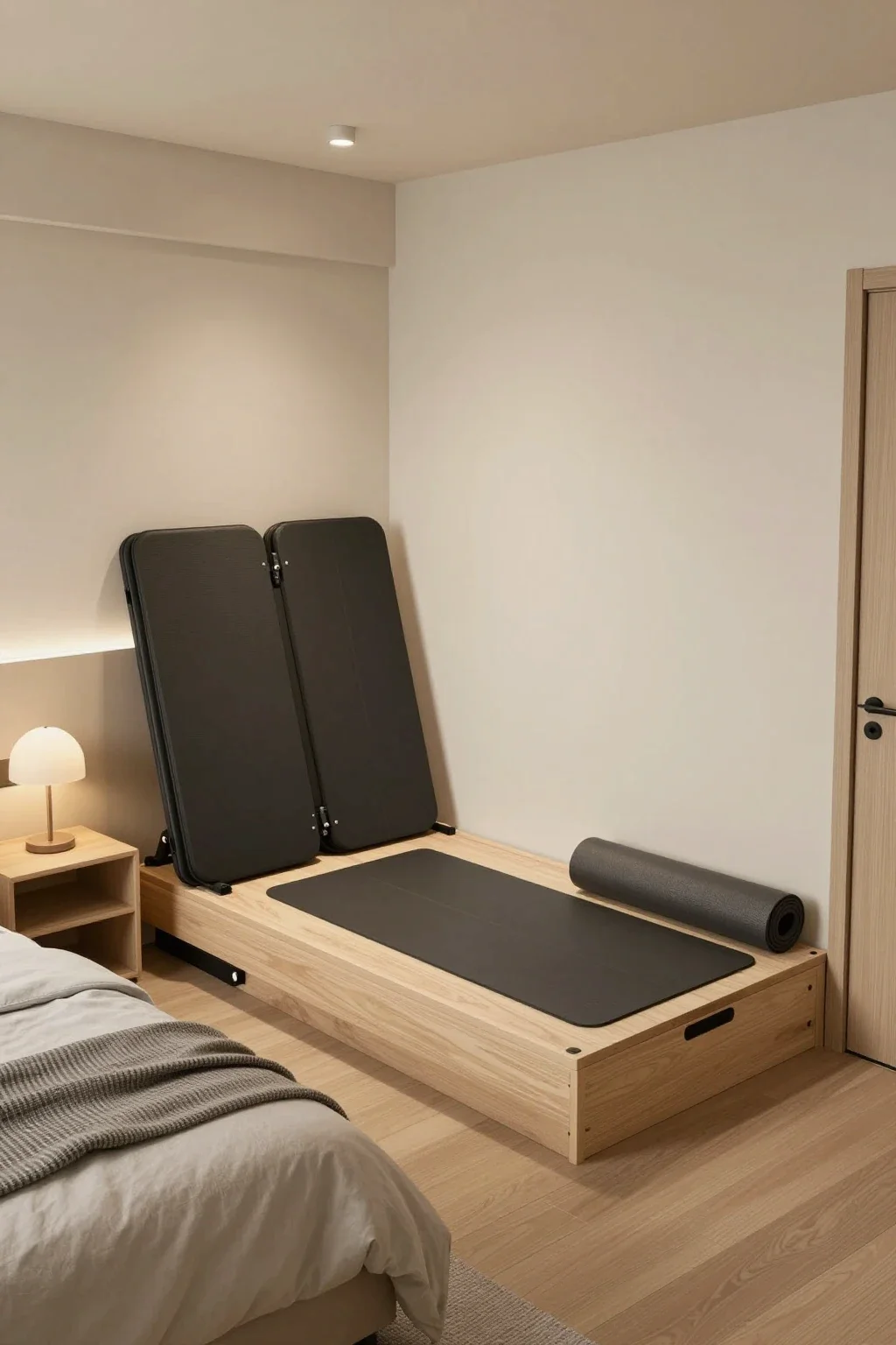 Small bedroom with a compact workout area and cozy modern decor
