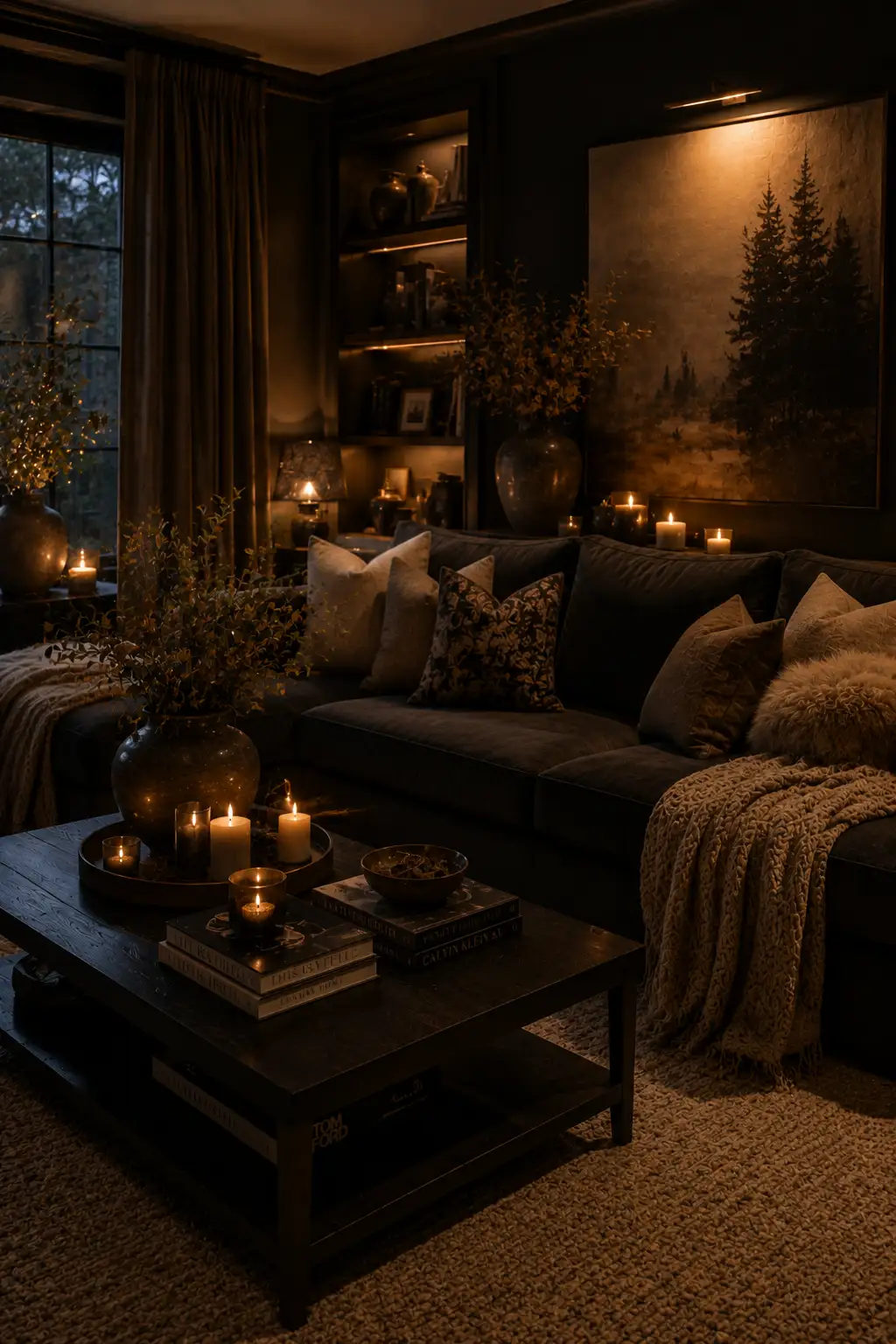 Dark cozy living room with candles, warm lighting, soft blankets and elegant decor styling