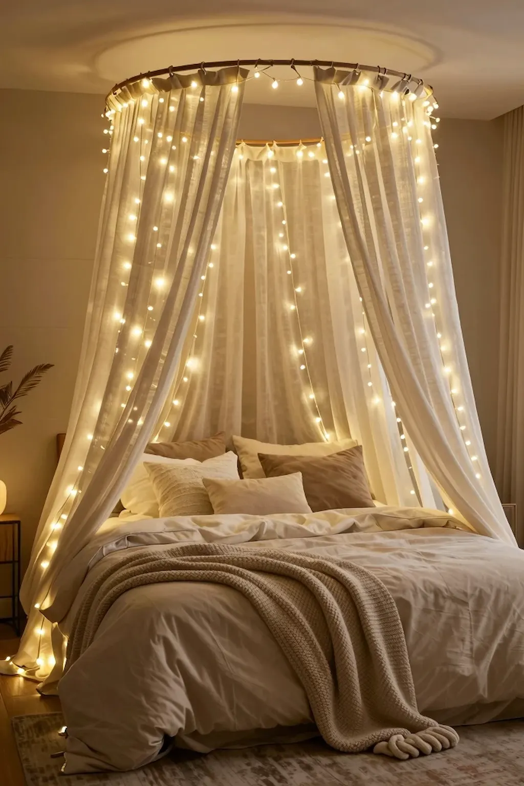 Dreamy canopy bed wrapped in warm fairy lights