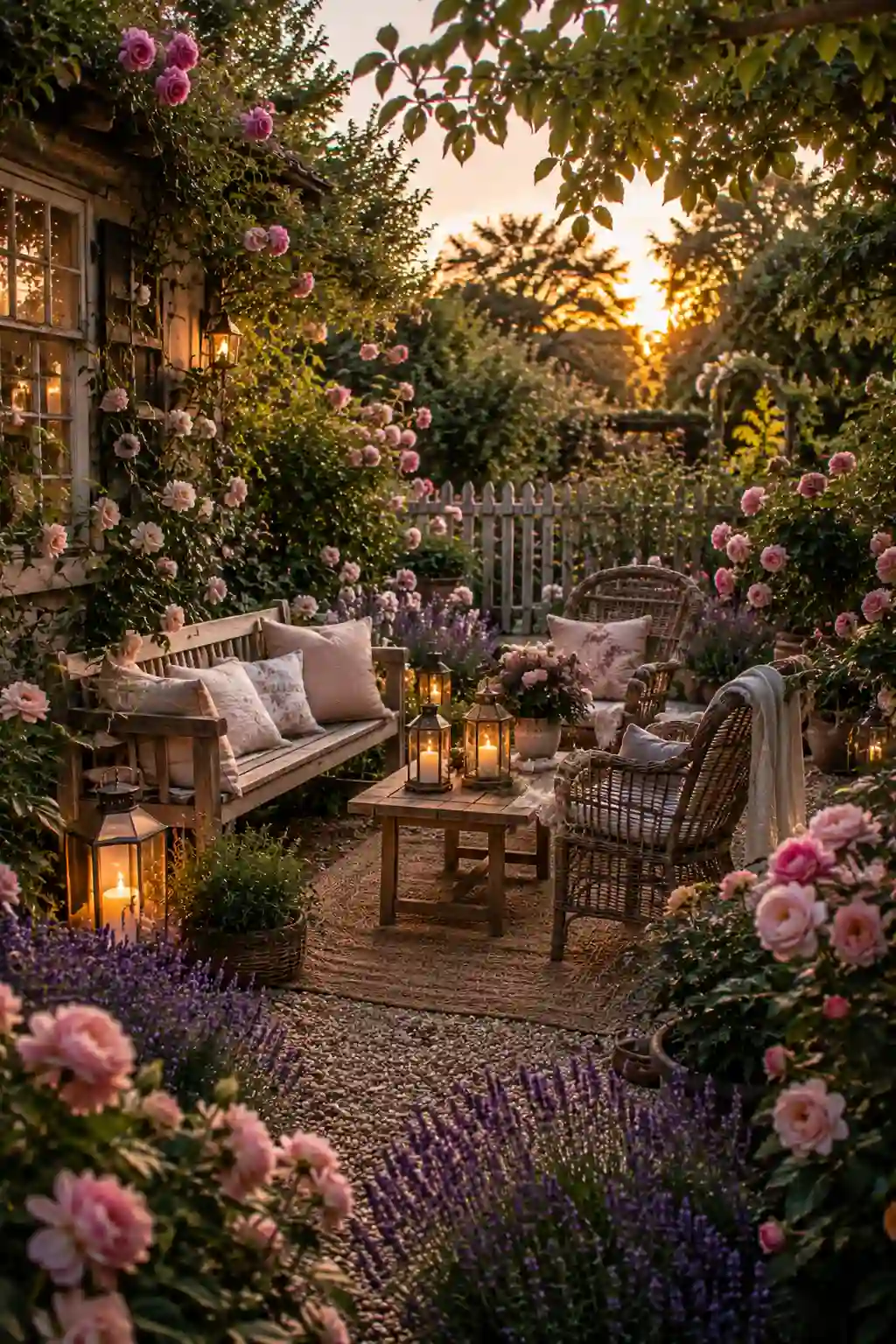 Cozy seating area in a cottage garden with flowers, lanterns, and rustic outdoor furniture.