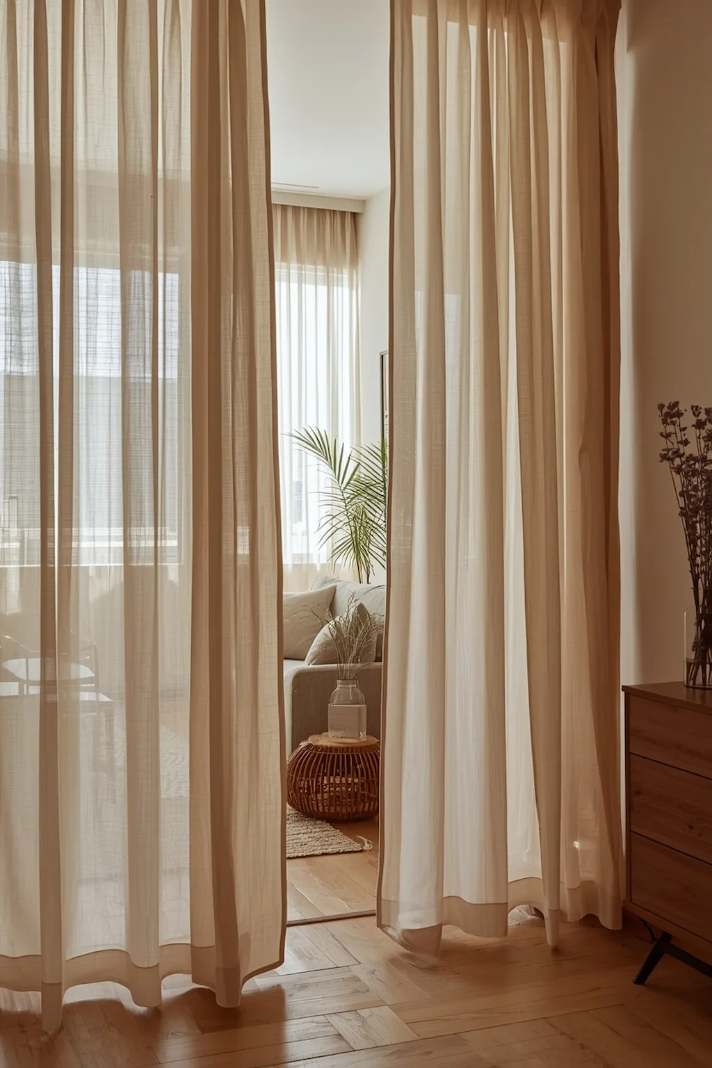 cozy apartment living room with linen curtain room divider