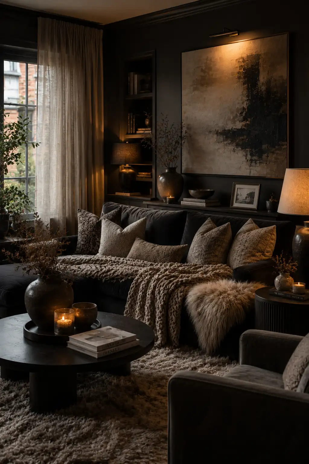 Dark living room with velvet sofa, knit blankets, textured rug and cozy layered decor