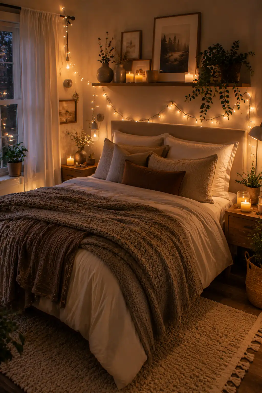 Small cozy bedroom decorated with candles, plants, and warm ambient decor.