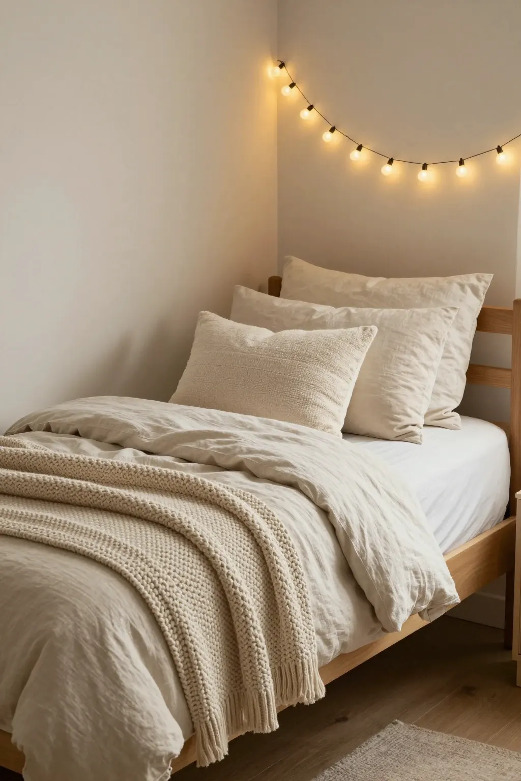 Cozy dorm room bed with layered bedding and soft neutral textures