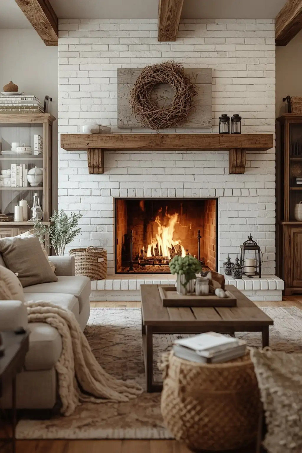 farmhouse living room with white brick fireplace and rustic wood mantel