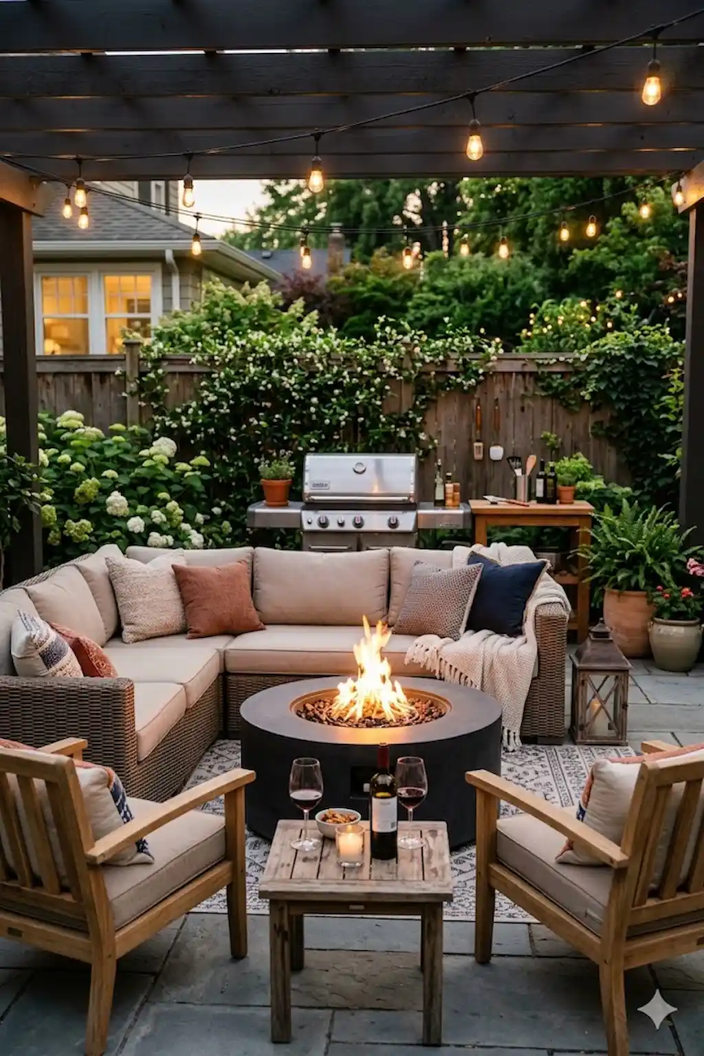 Outdoor patio with fire pit lounge area and comfortable seating