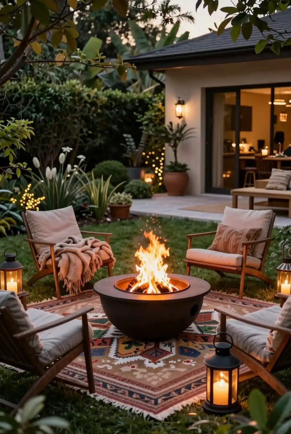 Outdoor fire pit seating area with blankets and lanterns