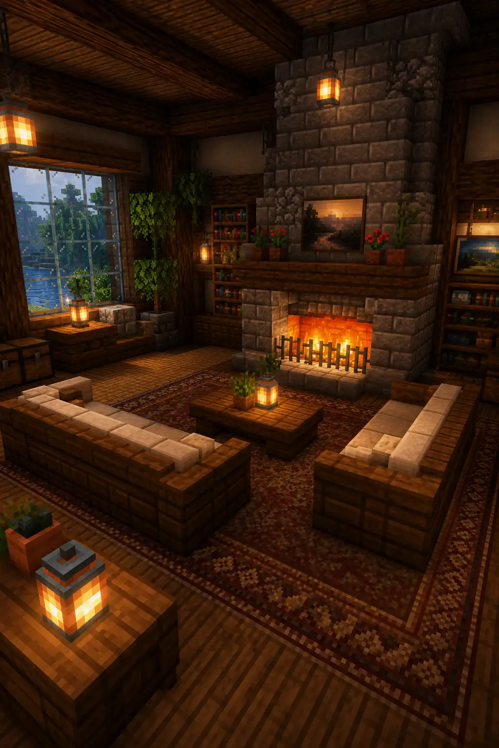 Cozy Minecraft living room with fireplace and warm lighting