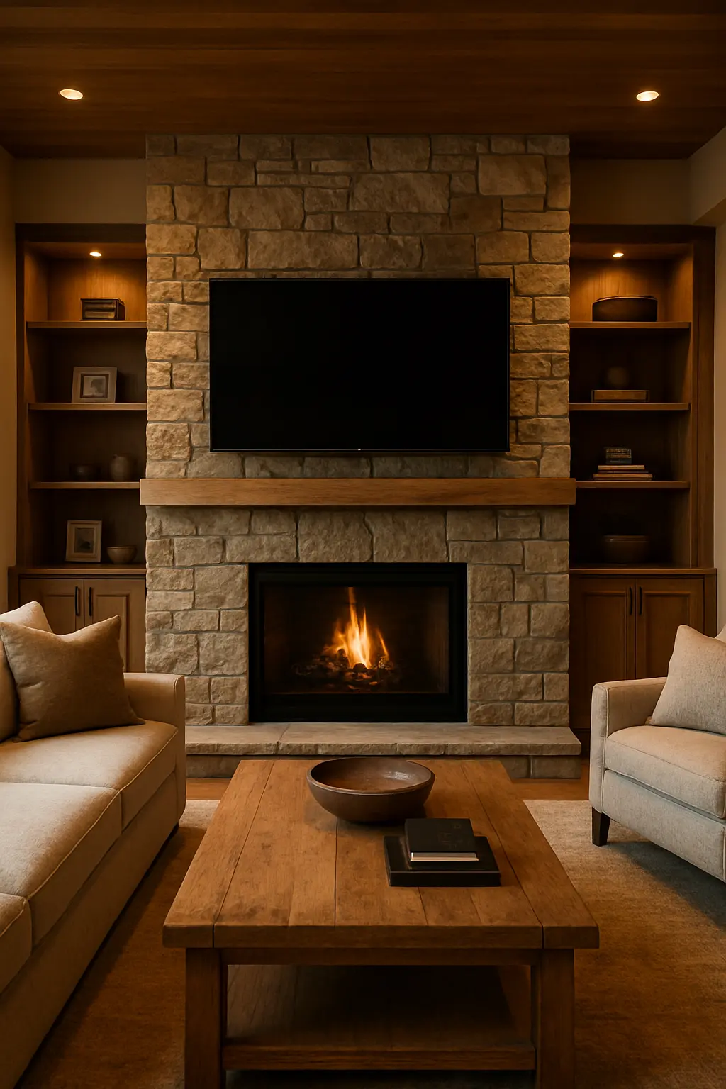 Fireplace TV cabinet wall with built-in shelving and warm lighting