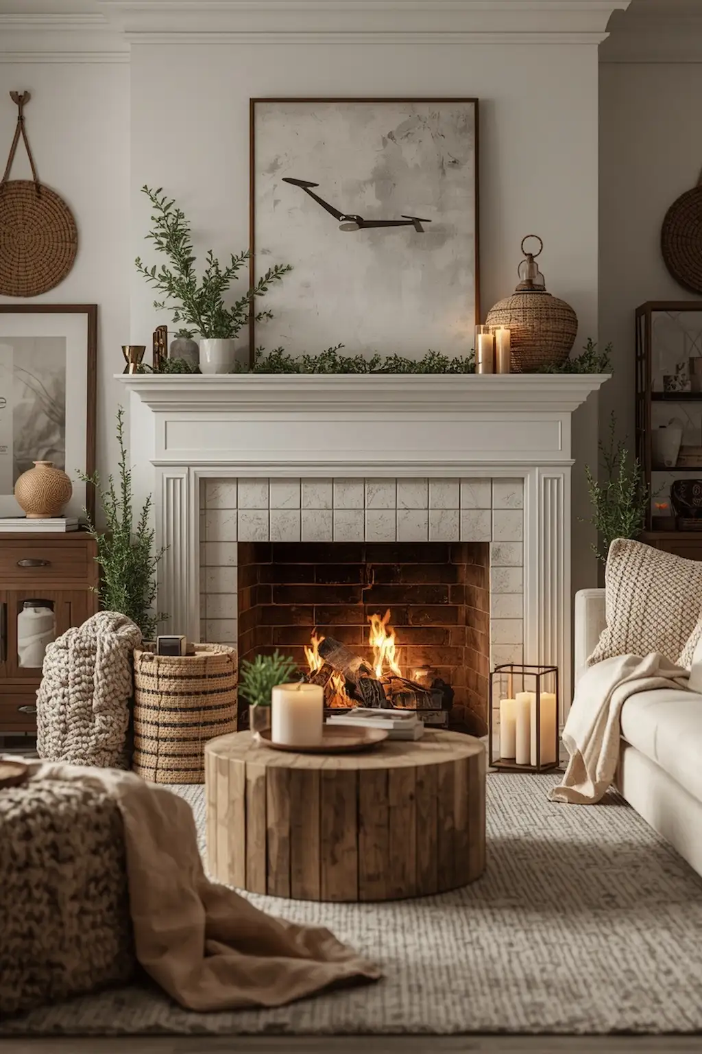 cozy living room fireplace styled with blankets pillows and warm lighting