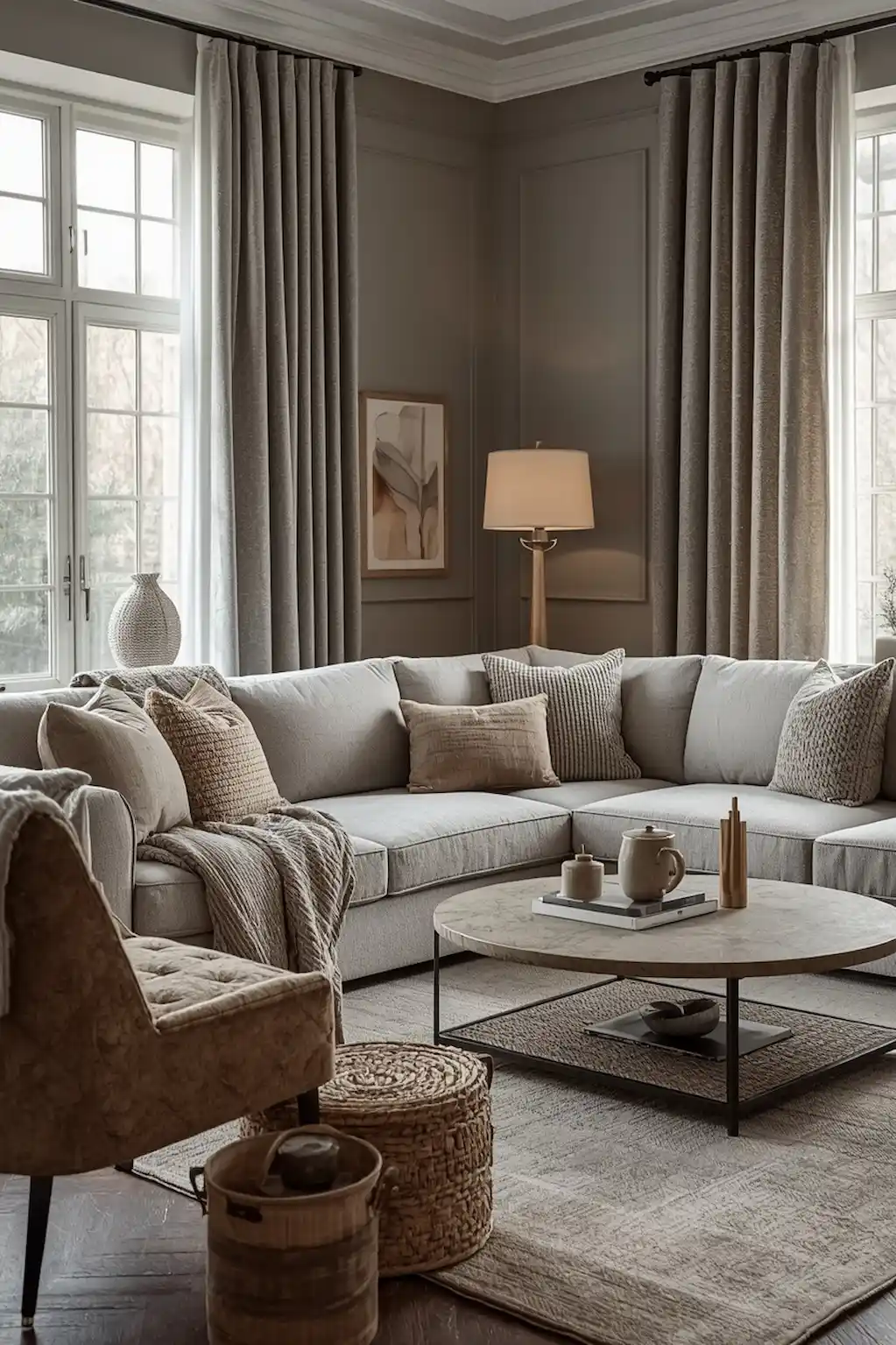 Grey living room filled with cozy textures and warm neutral decor