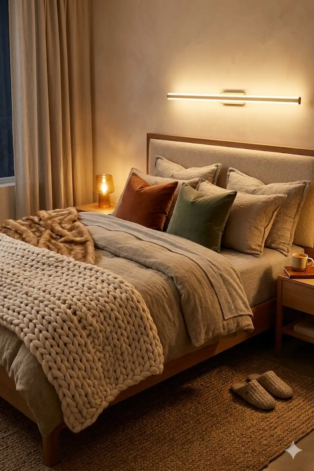 Cozy bedroom with layered blankets, soft pillows, and warm textured bedding.